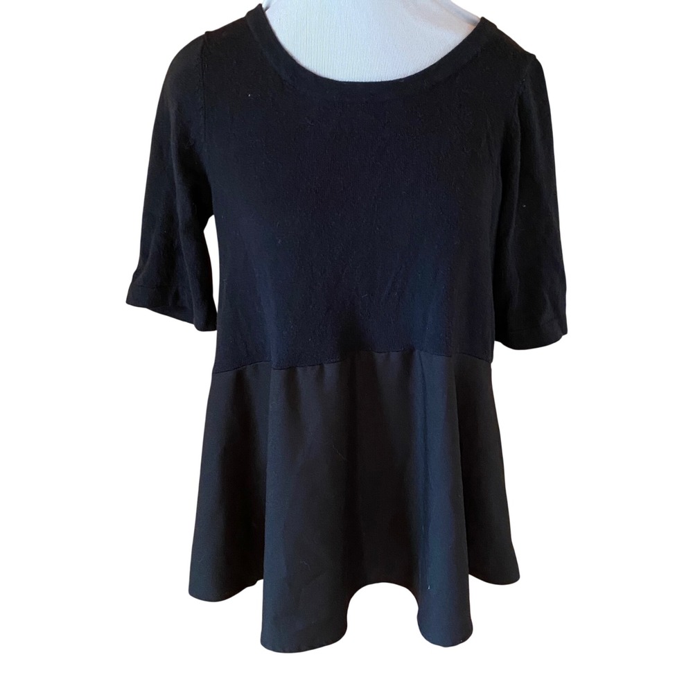 MOTH Anthro Black Cotton Silk Peplum Top Short Sleeve Bow Tie Back Size M